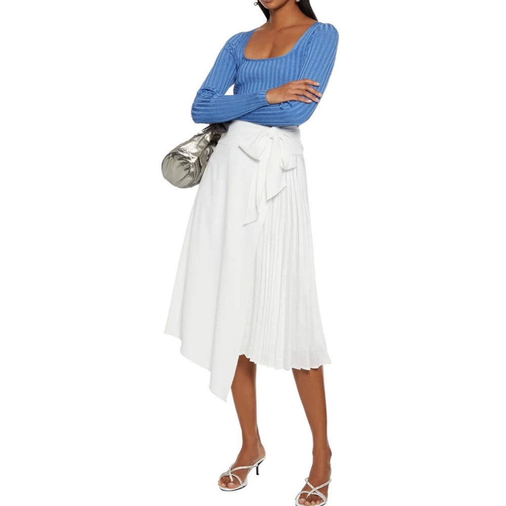 Alice + Olivia White Zabana Wrap-Effect Pleated Satin Midi Skirt Size 4.